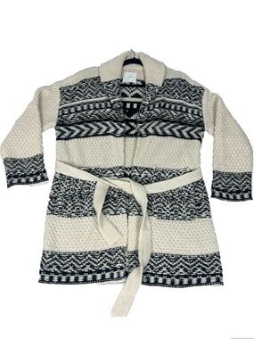 Lucky Brand Sweater Cardigan Women's M White Black Fairisle Belted Wool Coatigan